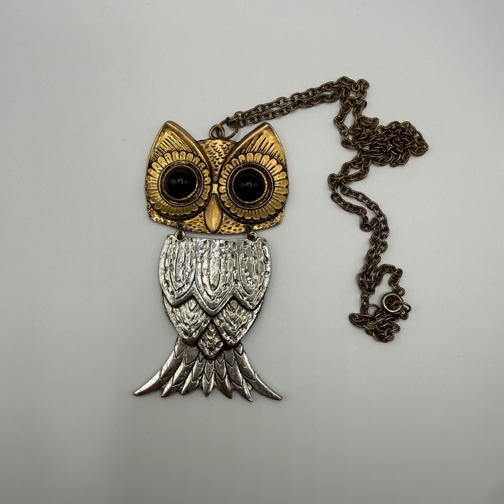 Vintage Articulated Owl Pendant Necklace Mixed Metal 24 In Chain Boho Statement